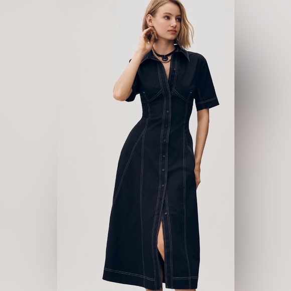 Anthropologie Exquise Short-Sleeve Seamed Pleated Midi Dress Size M NWT